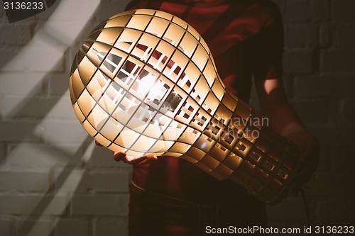 Image of Hanging, wooden light shade lamp with bulb