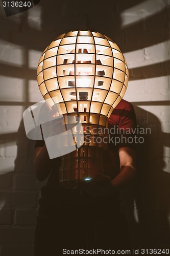 Image of Hanging, wooden light shade lamp with bulb