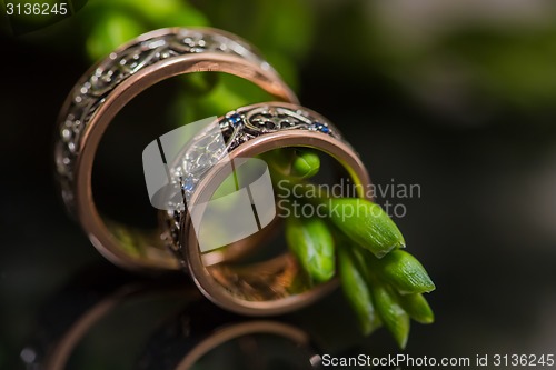 Image of Two wedding rings in infinity sign. Love concept.