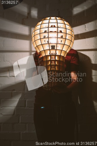 Image of Hanging, wooden light shade lamp with bulb