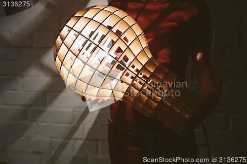 Image of Hanging, wooden light shade lamp with bulb