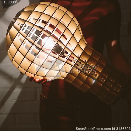 Image of Hanging, wooden light shade lamp with bulb