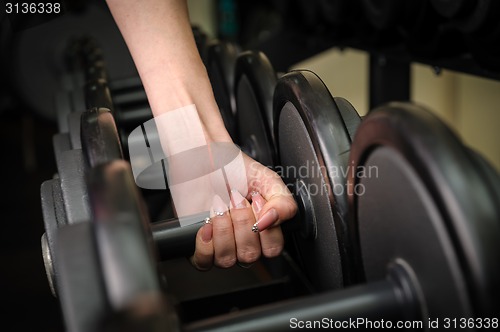 Image of Female hand holding dumbbell