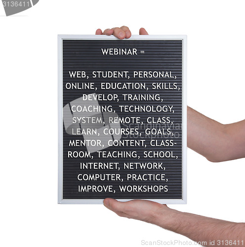 Image of Webinar concept in plastic letters on very old menu board