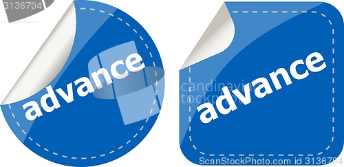 Image of advance word stickers set, icon button, business concept