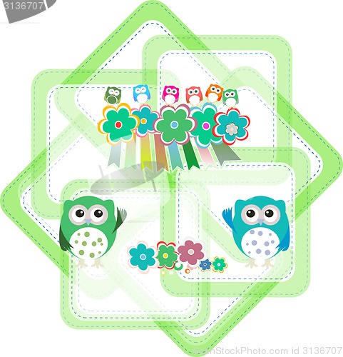 Image of cartoon owls, flowers, holiday invitation card