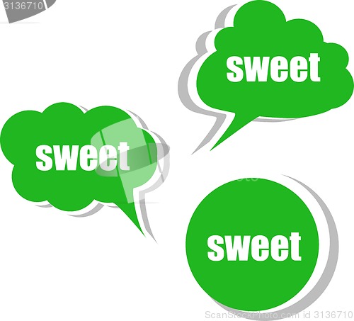 Image of sweet word on modern banner design template. set of stickers, labels, tags, clouds