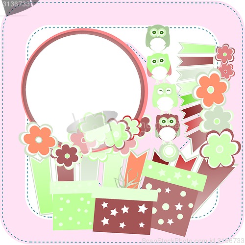 Image of Background with owl, flowers, birds and gift boxes