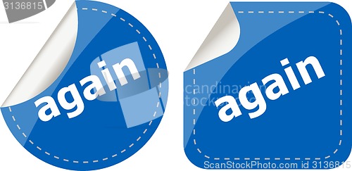Image of again word on stickers button set, label