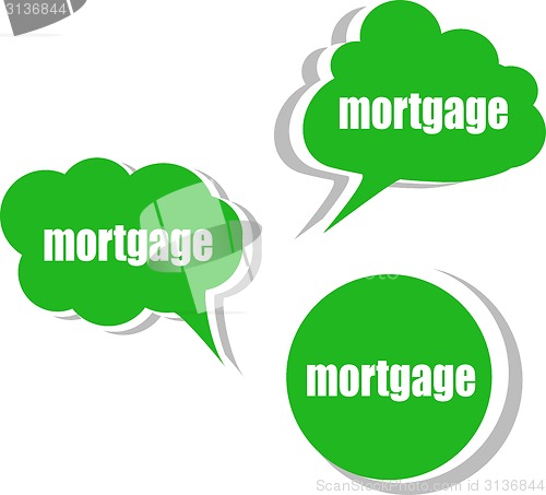 Image of mortgage word on modern banner design template. set of stickers, labels, tags, clouds