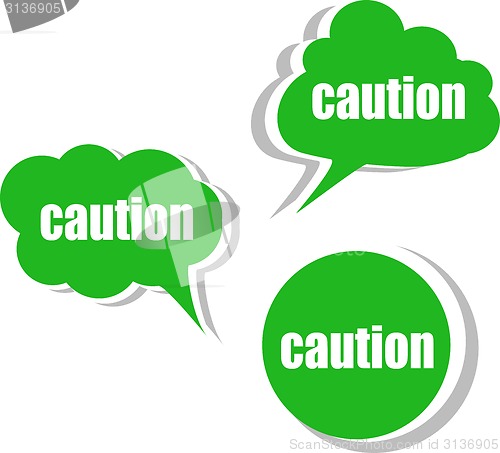 Image of caution word on modern banner design template. set of stickers, labels, tags, clouds
