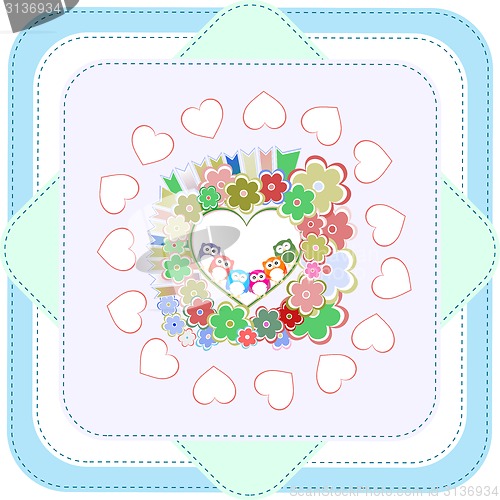 Image of Background with owls family in flowers with hearts