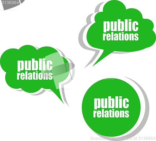 Image of public relations word on modern banner design template. set of stickers, labels, tags, clouds