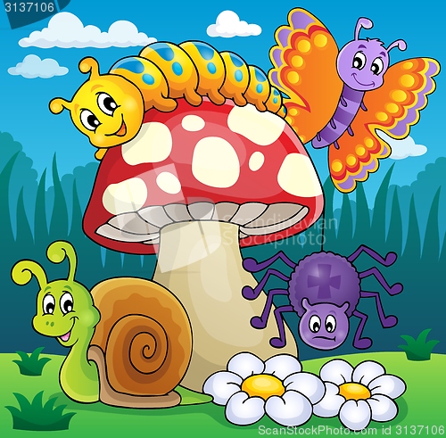 Image of Toadstool with animals on meadow