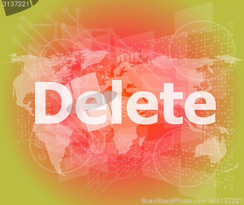 Image of The word delete on digital screen, information technology concept