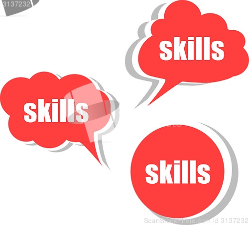 Image of skills word on modern banner design template. set of stickers, labels, tags, clouds