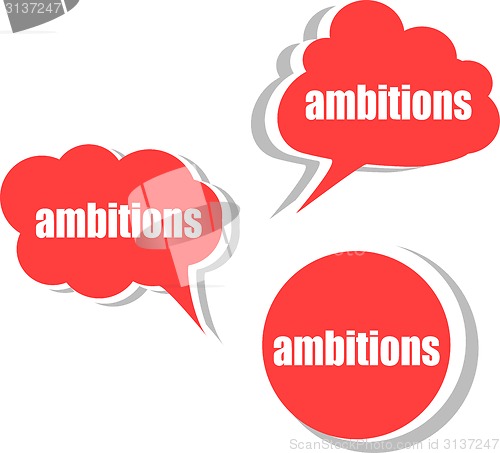 Image of ambitions word on modern banner design template. set of stickers, labels, tags, clouds