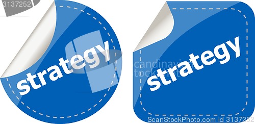 Image of strategy word on stickers button set, label