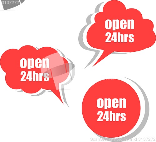 Image of open 24 hours word on modern banner design template. set of stickers, labels, tags, clouds