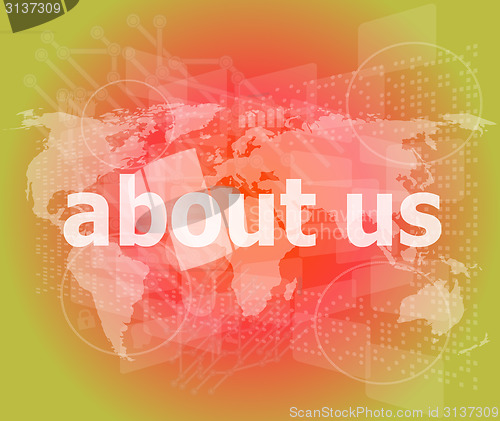 Image of pixelated words about us on digital screen, business concept