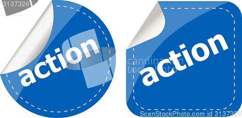 Image of action stickers set, icon button isolated on white