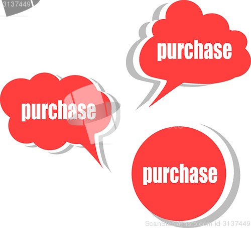 Image of purchase word on modern banner design template. set of stickers, labels, tags, clouds