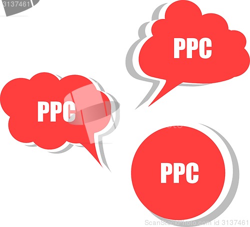 Image of ppc word on modern banner design template. set of stickers, labels, tags, clouds