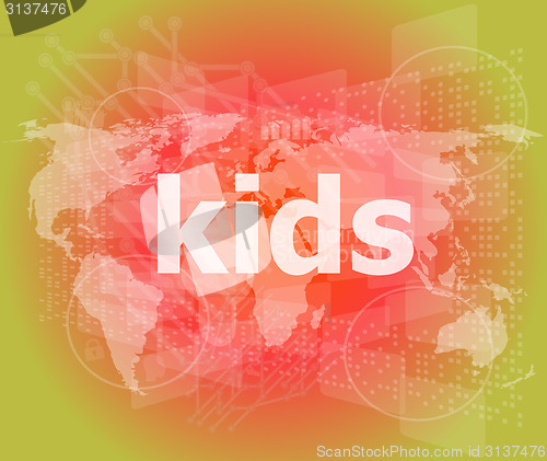 Image of kid word on a virtual digital background, raster