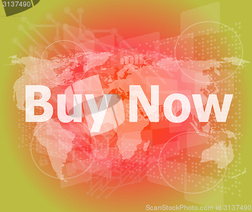 Image of The word buy now on digital screen, business concept