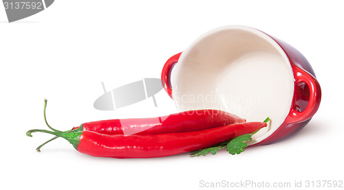 Image of Chili pepper and parsley near inverted pan