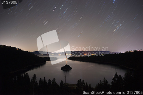 Image of Long Exposure Night Sky Emerald Bay Fannette Island Lake Tahoe