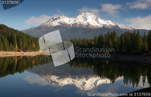 Image of Mt Shasta Reflection Mountain Lake Modest Bridge California Recr