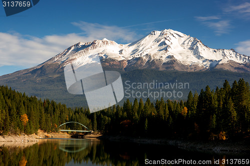 Image of Mt Shasta Mountain Lake Modest Bridge California Recreation Land