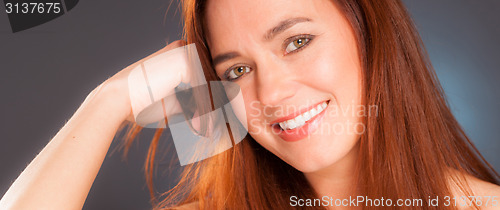 Image of Vibrant Intimate Portrait Head Shot Attractive Female Redhead Wo