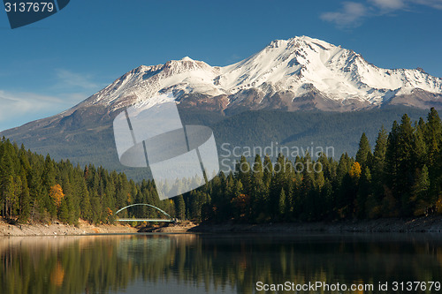 Image of Mt Shasta Reflection Mountain Lake Modest Bridge California Recr