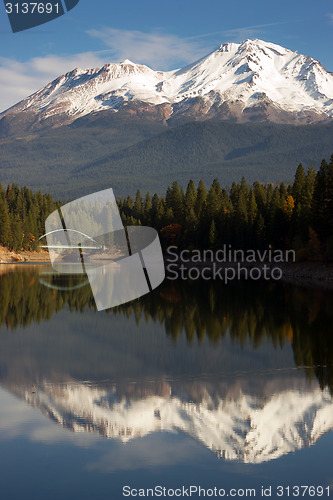 Image of Mt Shasta Reflection Mountain Lake Modest Bridge California Recr