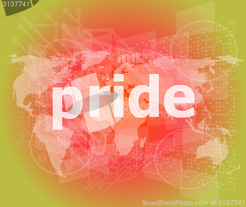 Image of The word pride on business digital screen