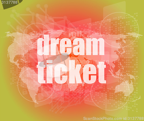 Image of business concept: words dream ticket on digital screen