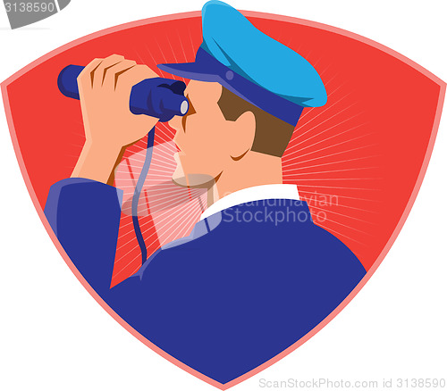 Image of Navy Captain Looking Binoculars Shield Retro