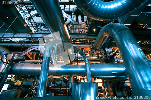 Image of Industrial zone, Steel pipelines in blue tones