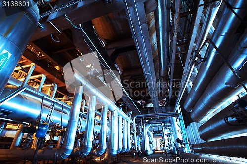 Image of Industrial zone, Steel pipelines in blue tones