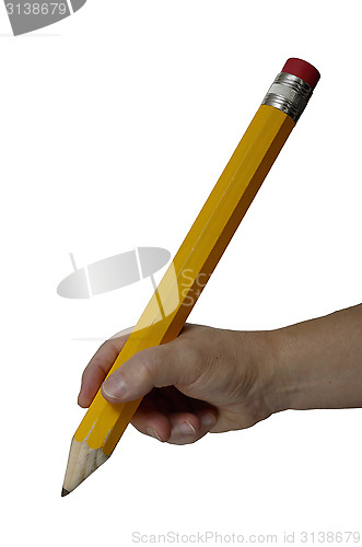 Image of hand gripping a large pencil on white