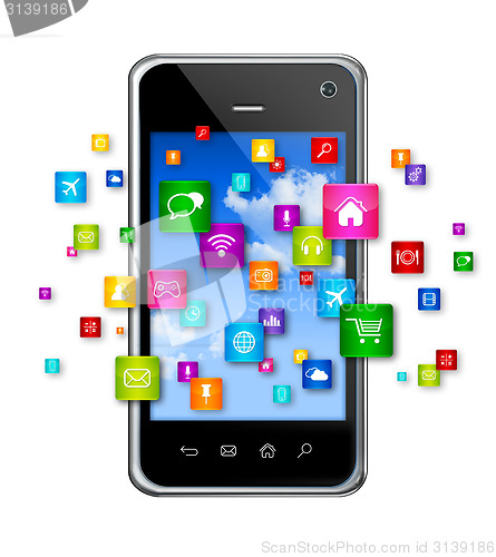 Image of Mobile Phone and flying apps icons