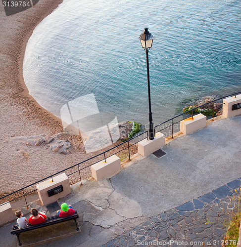 Image of Tossa de Mar, Spain, view of Gran Platja beach and Badia de Toss