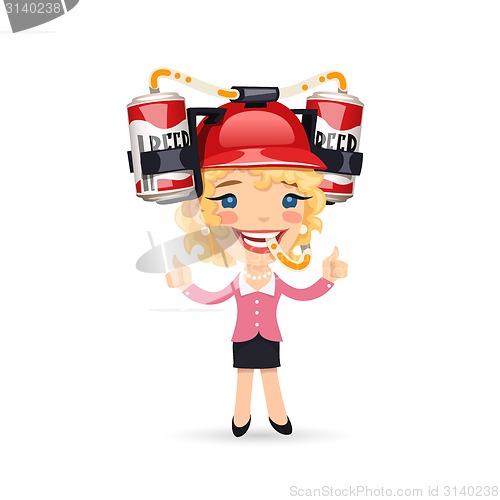 Image of Office Girl with Red Beer Helmet on Her Head