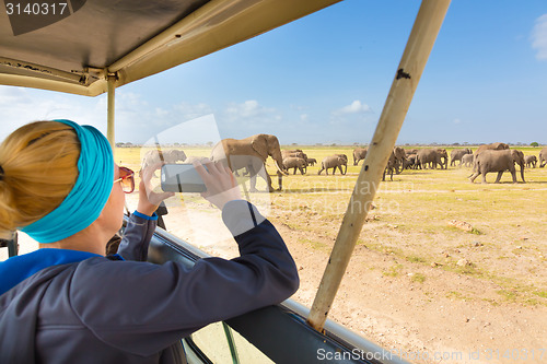 Image of Woman on african wildlife safari.