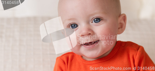 Image of Close Up Portrait Young Blue Eyed Infant Boy Male Child