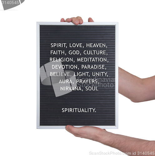 Image of Spirituality concept in plastic letters on very old menu board