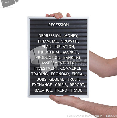 Image of Recession concept in plastic letters on very old menu board