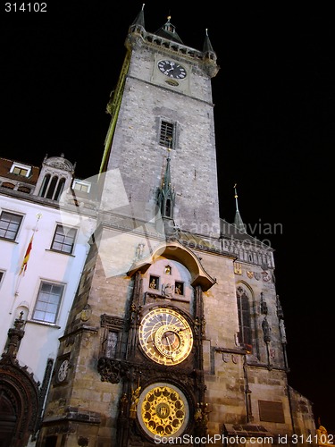 Image of The town hall clock tower of the Old Town in Prague by night